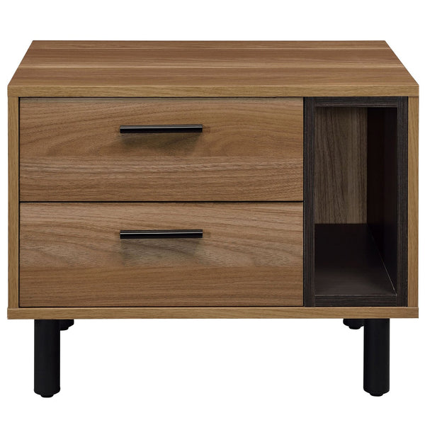 English Elm Brown Brown oak and black 2-drawer nightstand with open shelf, sleek modern accent table for storage and style B062P186504