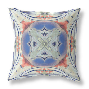 Homeroots 26" X 26" Cream And Blue Blown Seam Geometric Indoor Outdoor Throw Pillow   418220