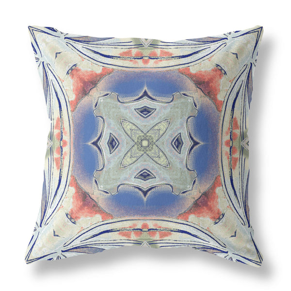 Homeroots 26" X 26" Cream And Blue Blown Seam Geometric Indoor Outdoor Throw Pillow   418220
