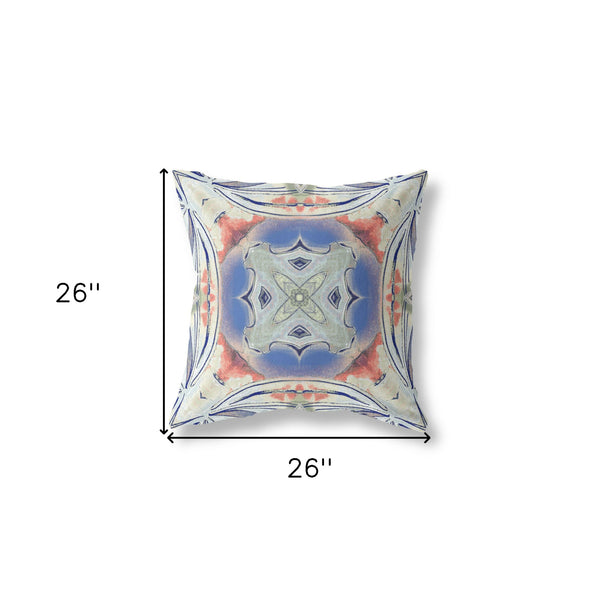 Homeroots 26" X 26" Cream And Blue Blown Seam Geometric Indoor Outdoor Throw Pillow   418220