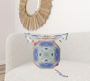 Homeroots 26" X 26" Cream And Blue Blown Seam Geometric Indoor Outdoor Throw Pillow   418220