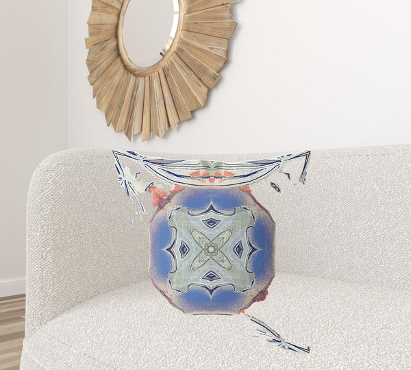 Homeroots 26" X 26" Cream And Blue Blown Seam Geometric Indoor Outdoor Throw Pillow   418220