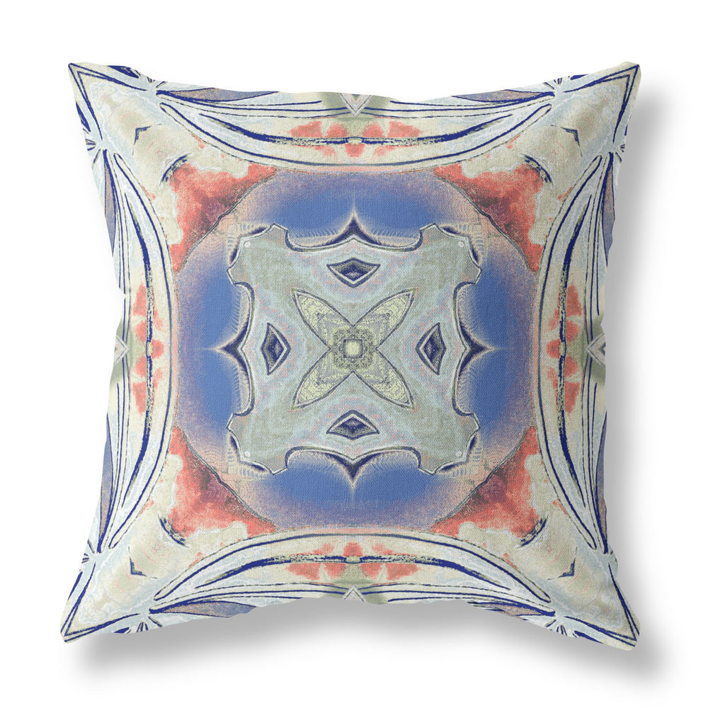 Homeroots 28" X 28" Cream And Blue Blown Seam Geometric Indoor Outdoor Throw Pillow   418221