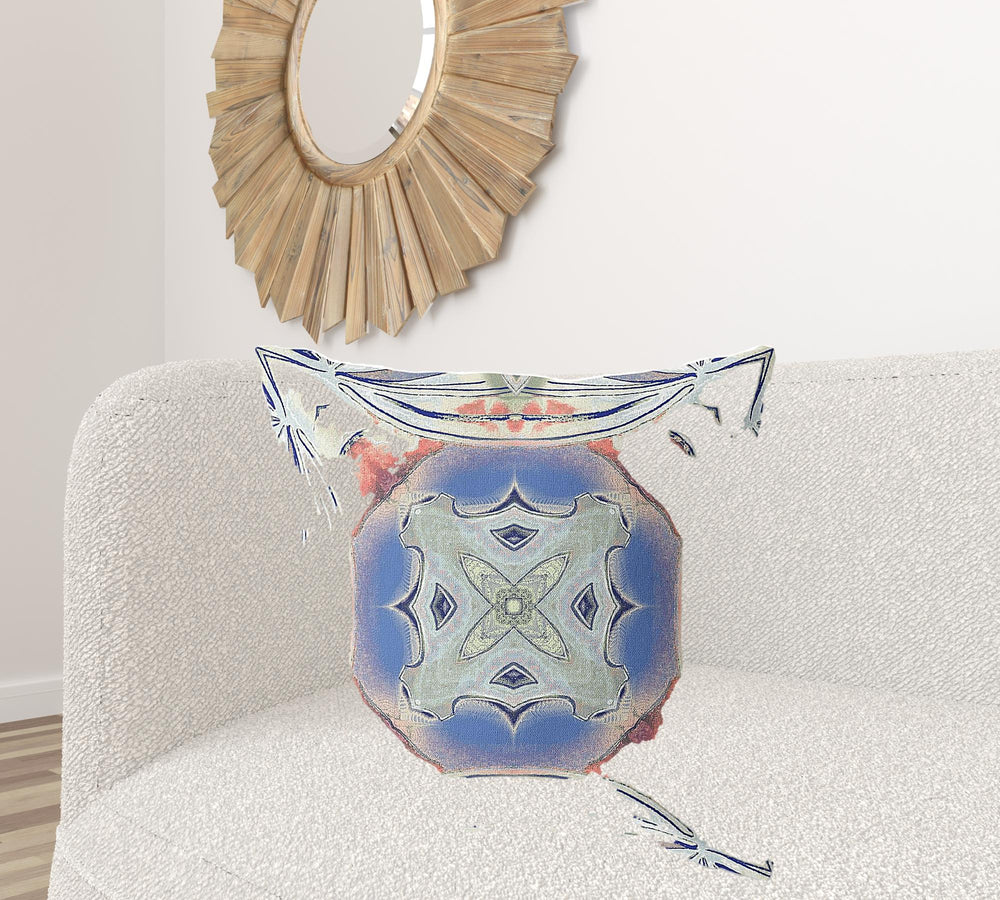 Homeroots 28" X 28" Cream And Blue Blown Seam Geometric Indoor Outdoor Throw Pillow   418221