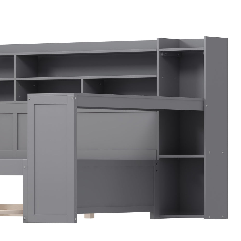 English Elm Wooden Full Size Daybed with Trundle and Built-In Desk, Side Storage Shelves for Space-Saving Rooms Gray 70 L x 18.6 W x 5.5 H N733S242277E