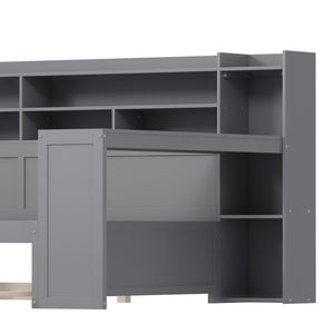 English Elm Wooden Full Size Daybed with Trundle and Built-In Desk, Side Storage Shelves for Space-Saving Rooms Gray 70 L x 18.6 W x 5.5 H N733S242277E