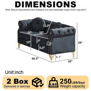 English Elm 60.5-inch Crushed Velvet Chesterfield Sofa Tufted Button Design with Copper Stud Trim Black W834S00622
