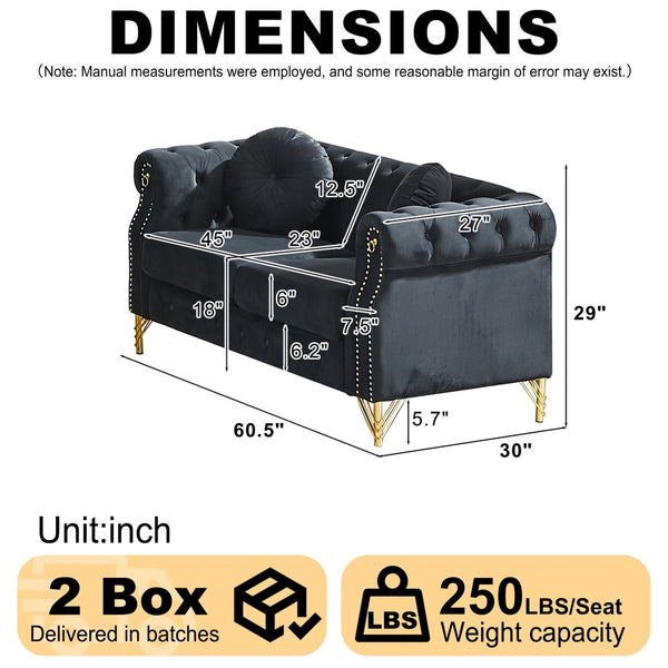 English Elm 60.5-inch Crushed Velvet Chesterfield Sofa Tufted Button Design with Copper Stud Trim Black W834S00622