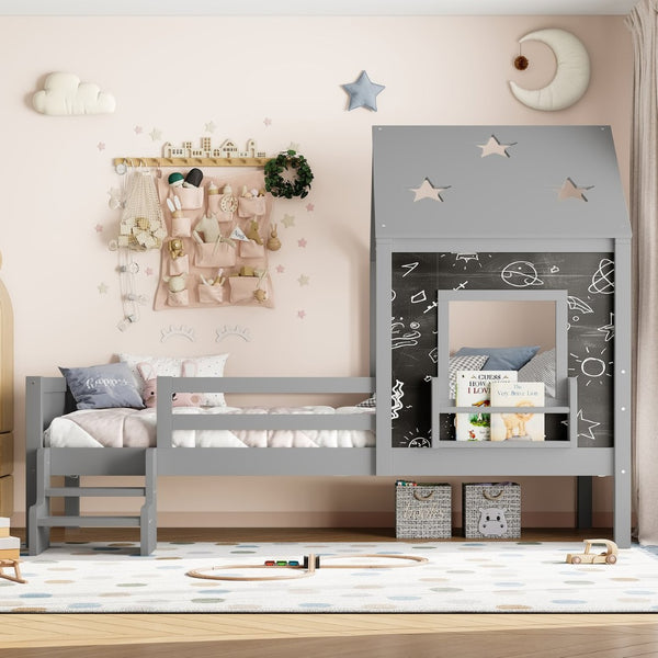 English Elm Full Bunk Bed with Trundle Bookshelf Storage Pine Frame Car Design for Kids Gray W1580S00294