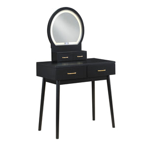 English Elm Beautiful LED Vanity Dresser with Touch Mirror and Padded Stool, Luxe Wood Finish, Brass Pulls, Storage Black 33.75 L x 21.75 W x 13.25 H B011P347325