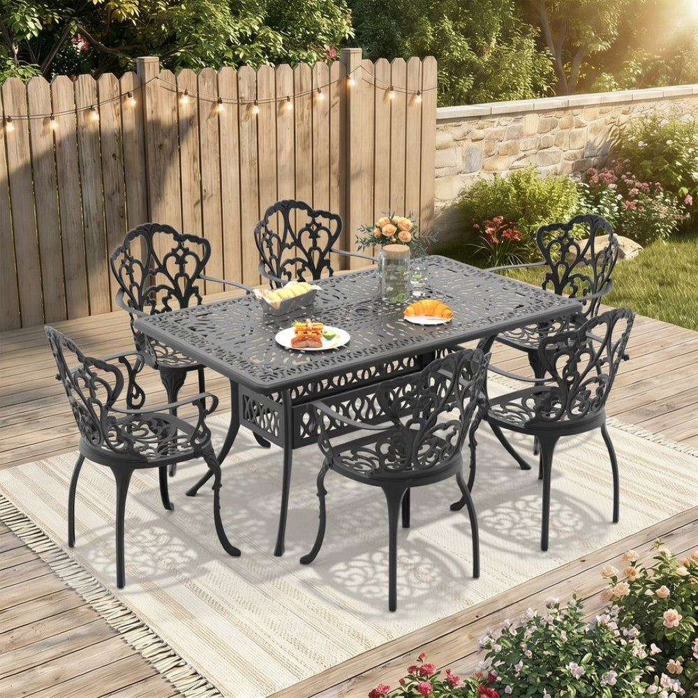 English Elm 7-piece Cast Aluminum Outdoor Dining Set with Petal Motif Detail and Weather Resistant Frame W1710S00571