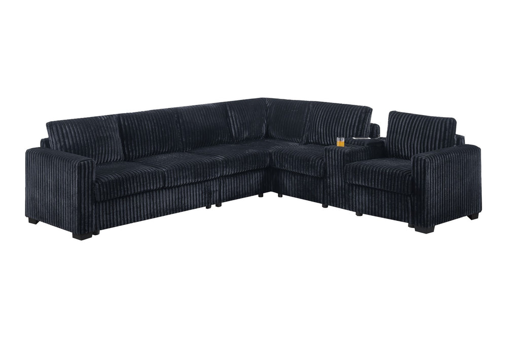 English Elm Modern Corduroy L-shaped Sectional with Usb Charging Console Cup Holders Living Room Black B011S02208