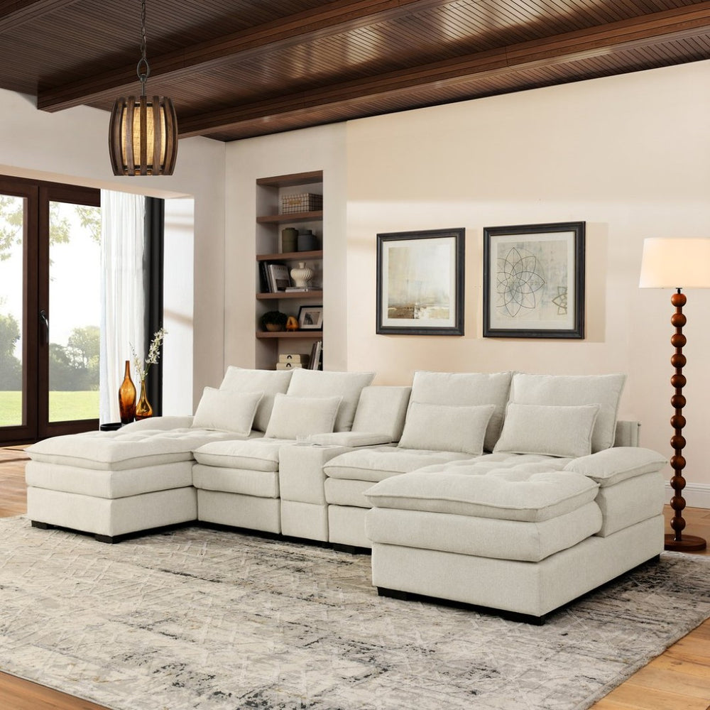 English Elm 130" U-shaped Sectional Sofa Six Seat Linen Upholstered with Built-in Console and Chaise Beige W1117S00271