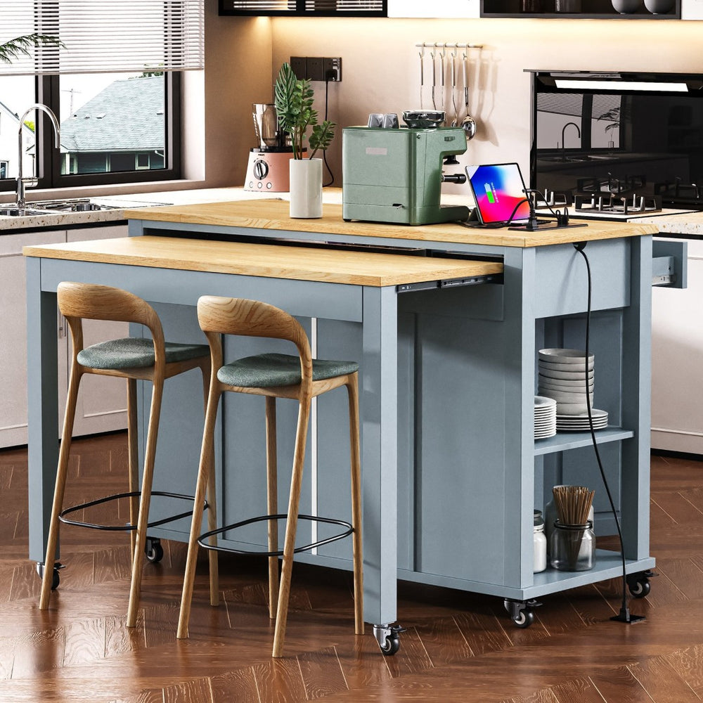 English Elm K&k Farmhouse Kitchen Island Extendable Table Rubber Wood Veneer Built-in Charging Storage Grey+Blue N707S215327G