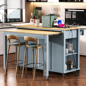 English Elm K&k Farmhouse Kitchen Island Extendable Table Rubber Wood Veneer Built-in Charging Storage Grey+Blue N707S215327G