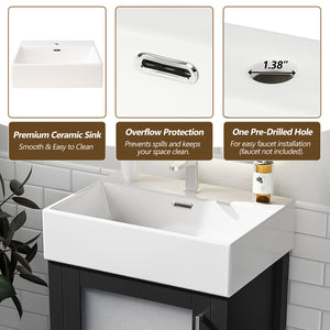 English Elm 20-Inch modern bathroom vanity with ceramic sink, soft-close door and ample storage for small spaces Black WF324691AAB