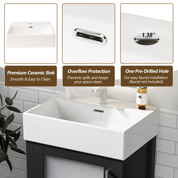 English Elm 20-Inch modern bathroom vanity with ceramic sink, soft-close door and ample storage for small spaces Black WF324691AAB
