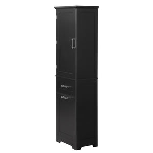 English Elm Tall Bathroom Storage Cabinet - Freestanding, Adjustable Shelf & Dual Drawer Design In Matte Black Finish N725P206895B-GIGA