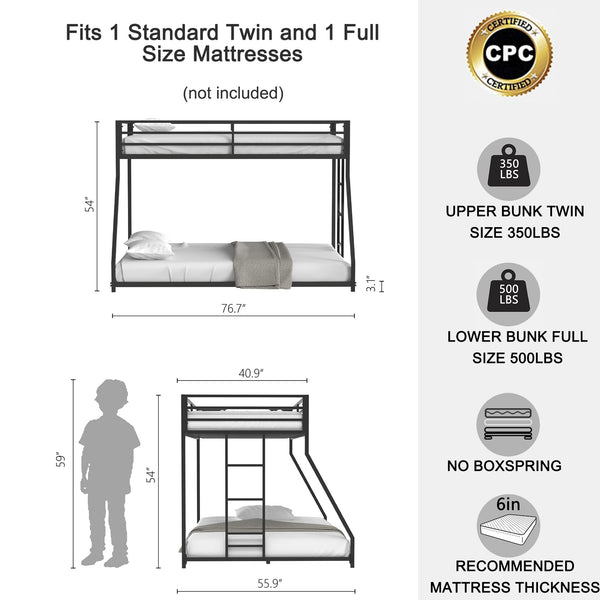 English Elm Adam Twin over Full Bunk Bed Metal Black – Sturdy, Squeak-Free Frame, Full Guardrail, Floor-Safe Caps B083P152992