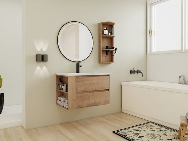 English Elm 30" Wall-Mounted Bathroom Vanity With Ceramic Sink, 2 Soft-Close Drawers & Space-Saving Rack W999S00343