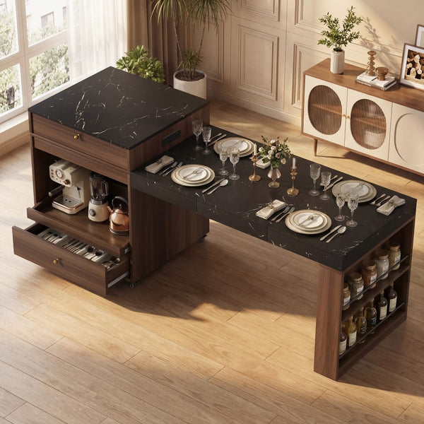 English Elm 78.8'' Fluted Rolling Kitchen Island with Extendable Dining Surface Built-in Power Mdf Walnut B2764S00002