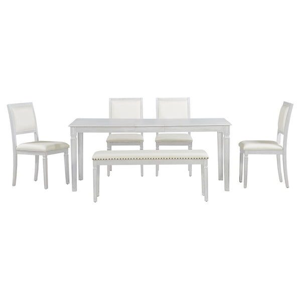 English Elm Trexm Rustic Farmhouse Extendable Dining Set Six Piece with Bench Distressed Wood Beige,White Washed ST000151AAE