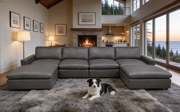 English Elm Leather Match Upholstered Modular Sectional for Spacious Open Plan Living Rooms Blue Gray B2748S00169
