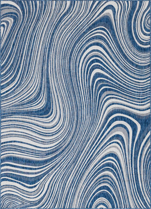 Unique Loom Outdoor Modern Pool Machine Made Abstract Rug Blue, Ivory/Navy Blue 8' 0" x 11' 4"