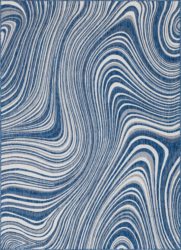 Unique Loom Outdoor Modern Pool Machine Made Abstract Rug Blue, Ivory/Navy Blue 8' 0" x 11' 4"