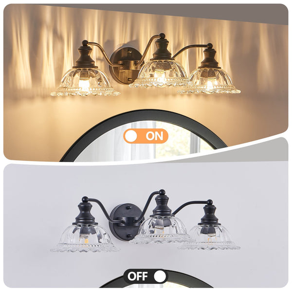 English Elm 24 Vintage 3-Light Wall Sconce with Iron and Glass Shades – Stylish Hardwired Vanity Fixture for Bathroom Mirror Black W2312P374844