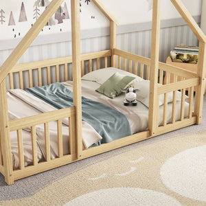 English Elm Full House-Shaped Floor Bed with Fence and Guardrails, Pine Wood Play Loft for Imaginative Kids Retreat Natural W504P143295