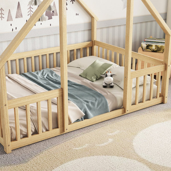 English Elm Full House-Shaped Floor Bed with Fence and Guardrails, Pine Wood Play Loft for Imaginative Kids Retreat Natural W504P143295