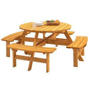 English Elm 8 Person Round Fir Wood Picnic Table with Four Built-in Benches for Outdoor Dining W1422P354744