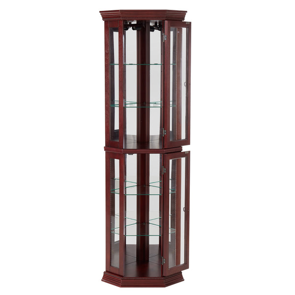 English Elm Corner Curio Cabinet with Lighted Top, Mirrored Back, Tempered Glass Shelves, Walnut Finish Elegance Cherry W1693P165015