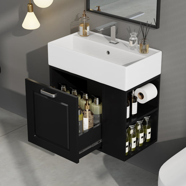 English Elm Christopher Knight Home® - 21.8" Wall-Mounted Bathroom Vanity with Ceramic Sink, Soft-Close Drawer, Adjustable Shelves & Tissue Holder Black N759P292550B