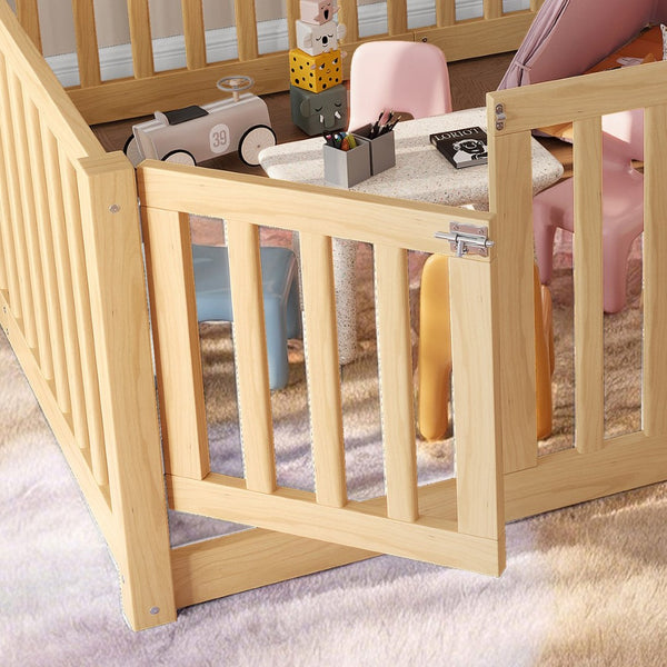 English Elm Twin Floor Bed Pine Wood Frame with Guardrails and Door for Safe Toddler Sleep Natural W1580P417671