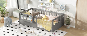 English Elm Twin Low Profile Kids Floor Bed Pine Wood Frame with Safety Rail and Built in Bookshelf Gray W1580P373135