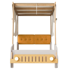 English Elm Wood Twin Car Bed with Pillow, Ceiling Canopy & LED Night Lights, Solid Pine Frame, Fun Kids Ride Bed - Twin Size, Natural Finish WF309288AAM