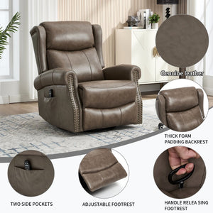 English Elm Heat Massage Swivel Rocker Recliner Genuine Leather Chair with Lumbar Relief W3224S00011