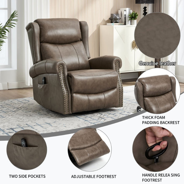 English Elm Heat Massage Swivel Rocker Recliner Genuine Leather Chair with Lumbar Relief W3224S00011