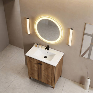 English Elm 30 Inch Floating Bathroom Vanity Fluted Wood Grain Front with Ceramic Integrated Sink Golden Oak W3520S00033