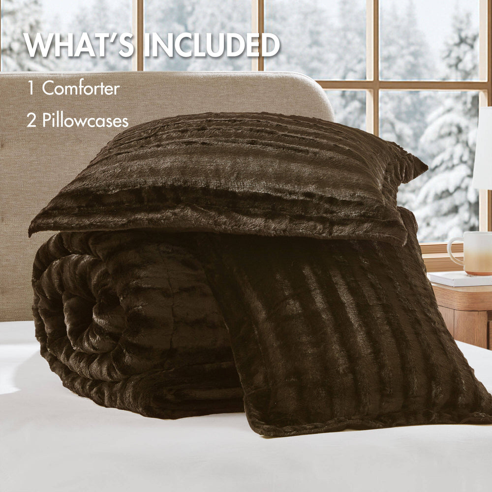 JLA Home Madison Park - Faux Faux Fur Comforter Mini Set with OEKO‑TEX Soft Plush Warmth, Machine Washable, Hotel-Style Chic Chocolate MP10-3068