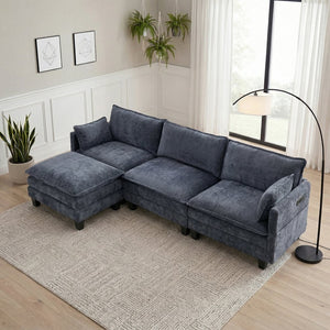 English Elm Modern Chenille Three Seat Sofa with Ottoman Usb Charging Ports and Storage Pockets Blue W2519S00004