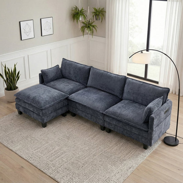 English Elm Modern Chenille Three Seat Sofa with Ottoman Usb Charging Ports and Storage Pockets Blue W2519S00004