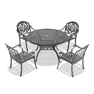 English Elm 5-Piece Cast Aluminum Patio Furniture Set With Brown Cushions For Elegant Outdoor Dining & Relaxation W1710S00139