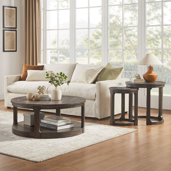 English Elm (1 Coffee Table+1 Side Table) Two-piece Pine Wood Round Set with Wheels Rustic Living Room Dark Brown W2582S00194