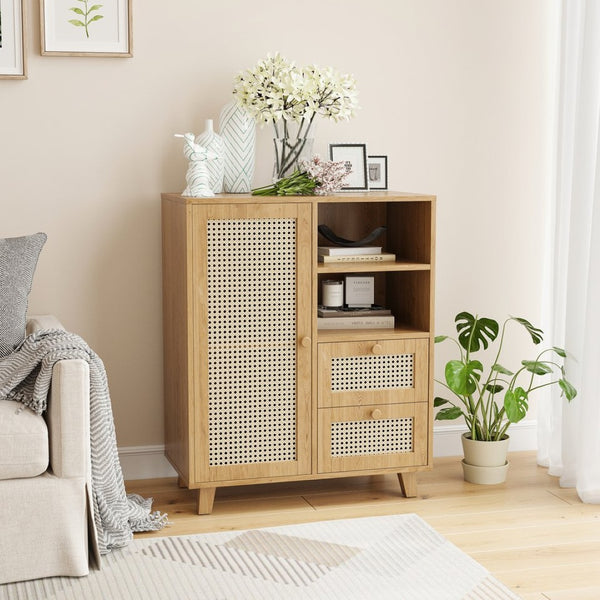 English Elm Rattan Cane Front Sideboard with Drawers Adjustable Shelf Bohemian Storage Cabinet Natural T3623P434728