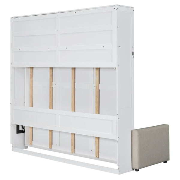 English Elm Queen Murphy Wall Bed with Integrated Sofa Linen Upholstered for Studio Apartments White LP000892AAK-1