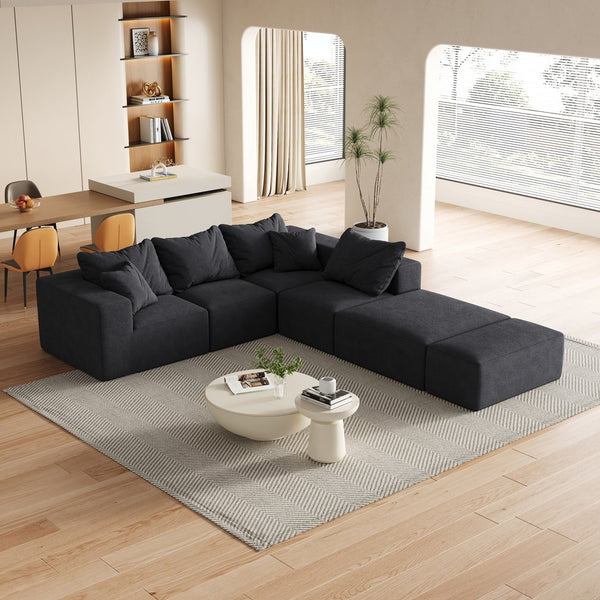 English Elm Modern Upholstered Sectional Sofa Set Modular 132" L-Shape Chenille Couch with 6 Pillows, No-Assembly Comfort and FlexibilityReadable? Black W834S00500