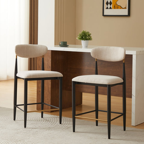 English Elm Christopher Knight Home® - ARMLESS Modern Upholstered Counter Stool Set of 2 with Iron Toothpick Frame, Gold Trim Accents Beige+Black N771P316339A